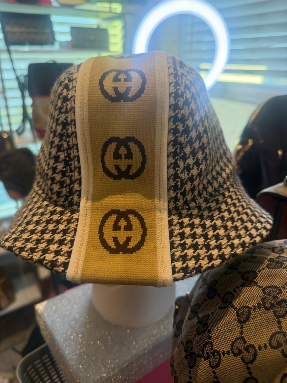 Gucci Black & Cream Houndstooth Bucket Hat with Logo Stripe
